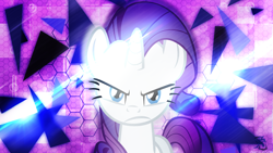 Size: 2560x1440 | Tagged: safe, artist:antylavx, artist:theflutterknight, character:rarity, angry, it is on, kubrick stare, lens flare, looking at you, triangle, vector, wallpaper