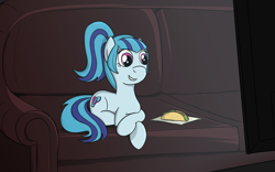 Size: 1920x1200 | Tagged: safe, artist:sirvalter, character:sonata dusk, couch, female, happy, lying down, napkin, ponified, solo, sonataco, taco
