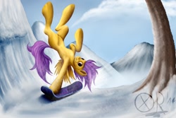 Size: 1095x730 | Tagged: safe, artist:xormak, character:scootaloo, species:pegasus, species:pony, newbie artist training grounds, female, illustration, mountain, snow, snowboard, solo, stunt, tree