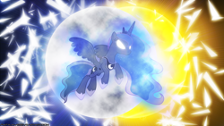 Size: 2560x1440 | Tagged: safe, artist:90sigma, artist:antylavx, character:princess luna, species:alicorn, species:pony, eclipse, female, glowing eyes, lunar eclipse, mare, moon, solo, sun, vector, wallpaper