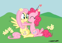 Size: 1330x920 | Tagged: safe, artist:willisninety-six, character:fluttershy, character:pinkie pie, ship:flutterpie, eyes closed, female, flower, heart, kissing, lesbian, shipping, wingboner