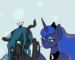 Size: 1000x800 | Tagged: safe, artist:celestialoddity, character:princess luna, character:queen chrysalis, species:alicorn, species:changeling, species:pony, blowing, bubble, wink