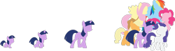 Size: 2352x693 | Tagged: safe, artist:arvaus, character:applejack, character:fluttershy, character:pinkie pie, character:rainbow dash, character:rarity, character:twilight sparkle, filly, floating, foal, mane six, minimalist, open mouth, pronking, walking