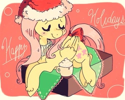 Size: 960x768 | Tagged: safe, artist:supernoncutie, character:fluttershy, blushing, clothing, eyes closed, female, folded wings, happy holidays, hat, head turn, hot chocolate, prone, santa hat, scarf, solo, tail bow, wings