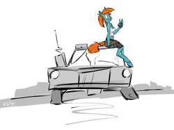 Size: 1280x956 | Tagged: safe, artist:cider, oc, oc only, oc:swift note, species:anthro, species:unguligrade anthro, fallout equestria, anthro oc, car, clothing, freckles, gun, ponytail, shorts, tank top, vehicle, waving