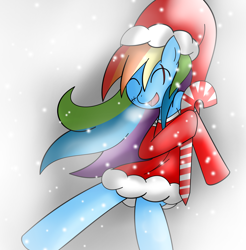Size: 1248x1268 | Tagged: safe, artist:mytatsur, character:rainbow dash, candy cane, christmas, cold, happy, happy holidays, outfit, scar, snow, snowfall, stitches