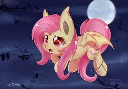 Size: 2800x1950 | Tagged: safe, artist:mrsremi, character:flutterbat, character:fluttershy, species:bat pony, species:pony, crying, cute, fangs, female, moon, race swap, sad, sadorable, shyabetes, solo, wingding eyes