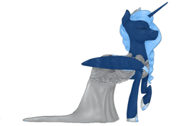 Size: 970x686 | Tagged: safe, artist:amber flicker, character:princess luna, alternate hairstyle, clothing, dress, eyes closed, female, queen luna, raised hoof, smiling, solo, wedding dress
