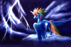 Size: 1095x730 | Tagged: safe, artist:xormak, character:rainbow dash, species:alicorn, species:pony, alicornified, alternate hairstyle, bedroom eyes, cloud, cloudy, featured on derpibooru, female, glowing horn, grin, lightning, looking at you, looking back, plot, race swap, radical, rainbowcorn, realistic, smiling, solo, spread wings, storm, stormcloud, wings