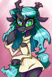 Size: 615x909 | Tagged: safe, artist:kaliptro, character:queen chrysalis, species:anthro, bipedal, blushing, clothing, female, keyhole turtleneck, looking at you, open-chest sweater, shirt, solo, sweater, turtleneck