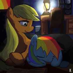 Size: 3543x3543 | Tagged: dead source, safe, artist:berrydrops, character:applejack, character:rainbow dash, species:earth pony, species:pegasus, species:pony, ship:appledash, female, high res, lantern, lesbian, loose hair, mare, prone, shipping, sleeping