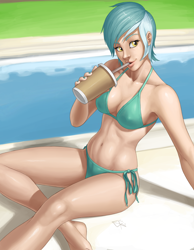 Size: 1280x1646 | Tagged: safe, artist:ldr, character:lyra heartstrings, species:human, art pack:my little sweetheart, art pack:my little sweetheart 3, armpits, barefoot, bikini, clothing, drink, feet, female, humanized, my little sweetheart, my little sweetheart 3, solo, swimming pool, swimsuit