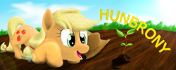 Size: 1000x400 | Tagged: safe, artist:the1xeno1, character:applejack, female, hatless, missing accessory, sapling, solo, spring