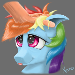 Size: 1280x1280 | Tagged: safe, artist:the1xeno1, character:rainbow dash, species:human, blep, cute, dashabetes, female, floppy ears, fluffy, hand, petting, smiling, solo, tongue out