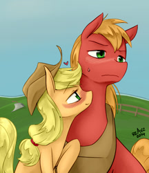 Size: 800x926 | Tagged: safe, artist:reavz, artist:transgressors-reworks, edit, character:applejack, character:big mcintosh, species:earth pony, species:pony, ship:applemac, blushing, color edit, colored, heart, incest, male, one sided shipping, shipping, stallion, straight, sweat, sweatdrop