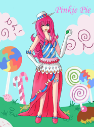 Size: 2540x3417 | Tagged: safe, artist:manhunterj, character:pinkie pie, clothing, dress, evening gloves, high res, humanized, lollipop