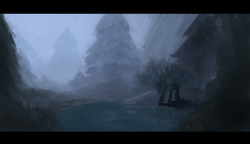 Size: 1051x607 | Tagged: dead source, safe, artist:berrydrops, character:queen chrysalis, female, fog, forest, looking down, scenery, solo, water