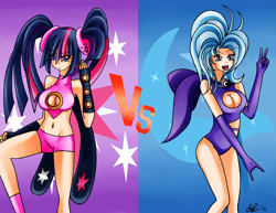 Size: 3289x2533 | Tagged: safe, artist:manhunterj, character:trixie, character:twilight sparkle, fighting is magic, high res, humanized, pigtails
