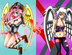 Size: 3297x2541 | Tagged: safe, artist:manhunterj, character:fluttershy, character:gilda, fighting is magic, high res, humanized, middle finger, vulgar, winged humanization