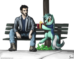 Size: 1280x1024 | Tagged: safe, artist:nemo2d, character:lyra heartstrings, species:human, species:pony, bench, bipedal, clothing, consoling, keanu reeves, new year, new years eve, present, sad keanu, scarf, sitting
