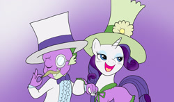 Size: 2550x1500 | Tagged: safe, artist:bico-kun, character:rarity, character:spike, ship:sparity, cane, clothing, dress, female, frilly, hat, male, monocle, moustache, shipping, straight, top hat, tuxedo