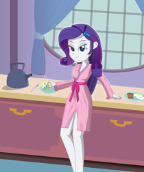 Size: 1678x2000 | Tagged: safe, artist:amante56, artist:kitchycat, character:rarity, my little pony:equestria girls, bathrobe, bedroom eyes, breakfast, clothing, coffee, egg (food), female, food, fried egg, kettle, robe, solo, toast