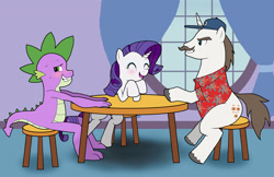 Size: 2550x1650 | Tagged: safe, artist:bico-kun, character:hondo flanks, character:rarity, character:spike, ship:sparity, aloha shirt, baseball cap, blushing, clothing, father and daughter, female, footsie, hat, hawaiian shirt, looking away, magnum p.i., male, nervous, shipping, stool, straight, sweat, table, tail wrap