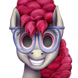 Size: 3000x3000 | Tagged: safe, artist:xormak, character:twist, species:earth pony, species:pony, creepy, creepy ponies, female, glasses, grin, nightmare fuel, overly attached girlfriend, painted, realistic, solo, waifu material, who needs sleep anyway