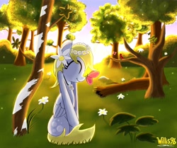 Size: 3972x3318 | Tagged: safe, artist:willisninety-six, character:derpy hooves, species:pegasus, species:pony, butterfly, eyes closed, female, floral head wreath, flower, flower in hair, forest, high res, insect on nose, mare, sitting, smiling, solo