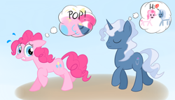 Size: 1260x720 | Tagged: safe, artist:hip-indeed, character:pinkie pie, character:pokey pierce, species:earth pony, species:pony, species:unicorn, ship:pokeypie, balloon, balloon popping, female, greatest fear, heart, male, shipping, straight