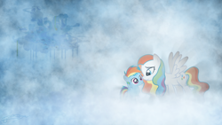 Size: 1920x1080 | Tagged: safe, artist:jamey4, character:rainbow dash, oc, oc:raindrop, filly, mother, mother and daughter, parent, rainbow mom, wallpaper