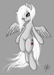 Size: 900x1253 | Tagged: safe, artist:tt-n, oc, oc only, oc:eir, species:pegasus, species:pony, bipedal, grayscale, looking at you, monochrome, neo noir, partial color, solo, vampire, windswept mane