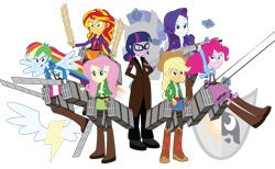 Size: 4600x2826 | Tagged: safe, artist:amante56, character:applejack, character:fluttershy, character:pinkie pie, character:rainbow dash, character:rarity, character:sunset shimmer, character:twilight sparkle, character:twilight sparkle (scitwi), species:eqg human, my little pony:equestria girls, attack on titan, crossover, humane seven, shingeki no koyubi, simple background, transparent background