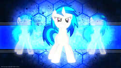 Size: 2560x1440 | Tagged: safe, artist:antylavx, artist:eipred, edit, character:dj pon-3, character:vinyl scratch, species:pony, species:unicorn, badass, female, hooves, horn, mare, smiling, solo, teeth, vector, wallpaper