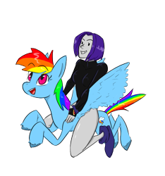 Size: 725x775 | Tagged: safe, artist:scribble, character:rainbow dash, crossover, cute, raven (teen titans), riding, teen titans