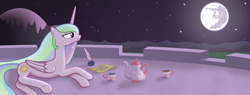 Size: 2840x1080 | Tagged: safe, artist:arvaus, character:princess celestia, female, inkwell, letter, letters to the moon, mare in the moon, moon, solo, story included, teapot