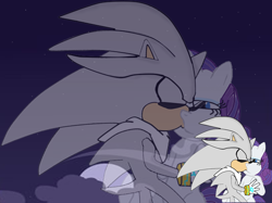 Size: 1034x773 | Tagged: safe, artist:kaiamurosesei, character:rarity, character:sonic the hedgehog, crossover, crossover shipping, female, interspecies, kissing, love, male, shipping, silvarity, silver the hedgehog, sonic the hedgehog (series), straight