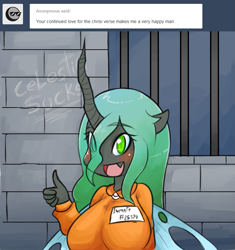 Size: 735x781 | Tagged: safe, artist:basketgardevoir, character:queen chrysalis, species:anthro, ambiguous facial structure, ask, blushing, breasts, busty queen chrysalis, clothing, cute little fangs, female, prison, prison outfit, thumbs up, tumblr