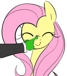 Size: 375x430 | Tagged: safe, artist:dotkwa, artist:itsthinking, character:fluttershy, oc, oc:anon, species:human, boop, c:, cute, disembodied hand, eyes closed, hand, shyabetes, smiling