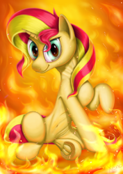 Size: 1024x1449 | Tagged: safe, artist:the1xeno1, character:sunset shimmer, species:pony, female, fiery shimmer, fire, solo, underhoof