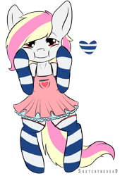 Size: 814x1200 | Tagged: safe, artist:celestialoddity, oc, oc only, oc:rainy skies, :i, bedroom eyes, clothing, commission, cute, dress, female, filly, frilly dress, heart, looking at you, simple background, smiling, socks, squishy cheeks, striped socks, transparent background
