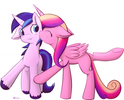 Size: 1512x1222 | Tagged: safe, artist:mcsadat, artist:transgressors-reworks, edit, character:princess cadance, character:shining armor, ship:shiningcadance, :3, blushing, color edit, colored, cute, eyes closed, female, floppy ears, kissing, male, missing accessory, raised hoof, raised leg, shipping, smiling, straight, underhoof