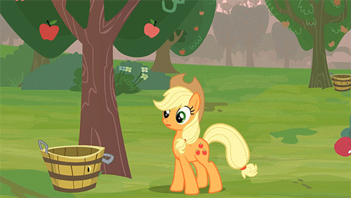 Size: 500x282 | Tagged: safe, artist:brutalweather studio, character:applejack, species:pony, animated, apple, apple of eden, apple tree, assassin's creed, bucket, circling stars, dizzy, female, show accurate, silly, silly pony, stars, that pony sure does love apples, tree, who's a silly pony