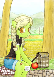 Size: 1200x1694 | Tagged: safe, artist:sigpi, character:granny smith, adorasmith, apple, bandaid, braid, colored pupils, cute, denim shorts, female, semi-anthro, solo, young granny smith