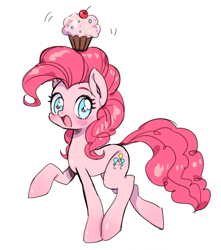 Size: 500x565 | Tagged: safe, artist:nitronic, character:pinkie pie, species:pony, balancing, blushing, cupcake, cute, diapinkes, female, looking at you, open mouth, raised hoof, raised leg, smiling, smiling pinkie pie tolts left, solo