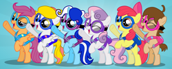Size: 7000x2814 | Tagged: safe, artist:pilot231, character:apple bloom, character:scootaloo, character:sweetie belle, oc, oc:icy blue, oc:lulu gem, oc:mocha bean, species:pegasus, species:pony, cutie mark crusaders, goggles