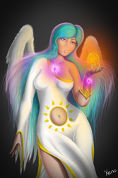 Size: 1000x1500 | Tagged: safe, artist:the1xeno1, character:princess celestia, species:human, belly button, clothing, dress, female, humanized, light skin, navel cutout, solo