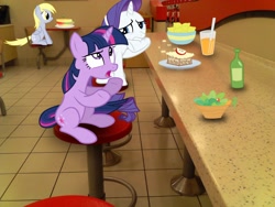 Size: 2048x1536 | Tagged: safe, artist:tokkazutara1164, character:derpy hooves, character:rarity, character:twilight sparkle, species:pony, irl, photo, ponies in real life, restaurant, vector