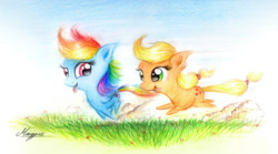 Size: 1115x621 | Tagged: safe, artist:magfen, character:applejack, character:rainbow dash, chest fluff, running, tongue out, traditional art