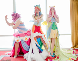 Size: 900x708 | Tagged: safe, artist:dust-bunny, artist:flying-fox, artist:koi-ishly, character:fluttershy, character:pinkie pie, character:rainbow dash, species:human, clothing, cosplay, dress, gala dress, irl, irl human, photo